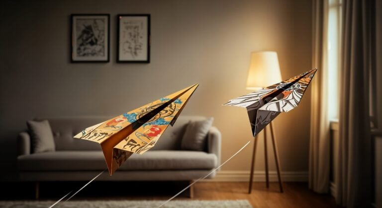 Colorful paper airplanes flying indoors.
