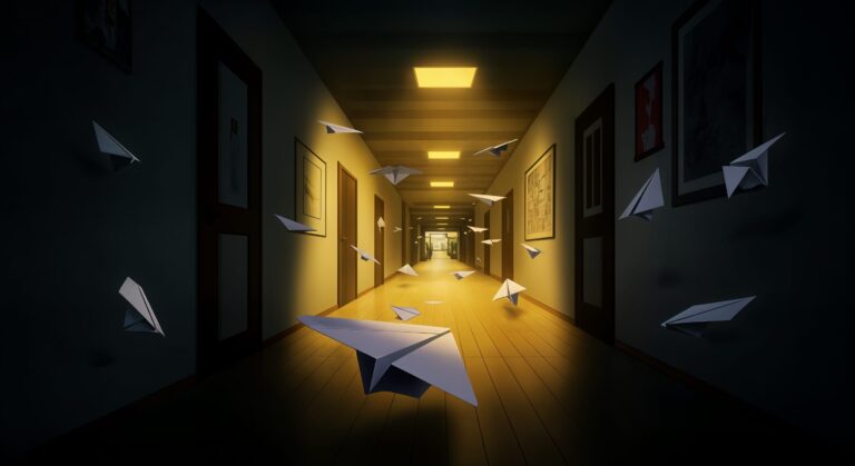 Paper airplanes float in dimly lit hallway.