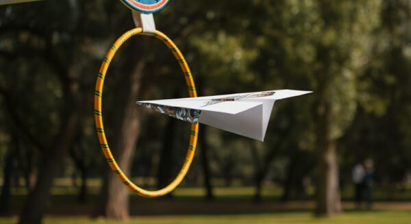 Paper airplane flying through colorful hoop outside
