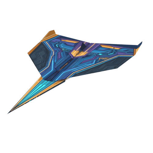 Futuristic blue and gold angular spacecraft illustration