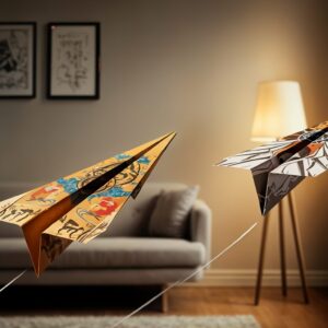Colorful paper airplanes flying indoors.