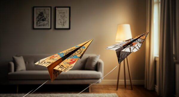 Colorful paper airplanes flying indoors.