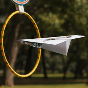 Paper airplane flying through colorful hoop outside