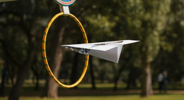 Paper airplane flying through colorful hoop outside