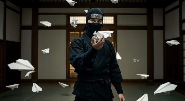 Ninja surrounded by flying paper planes indoors.