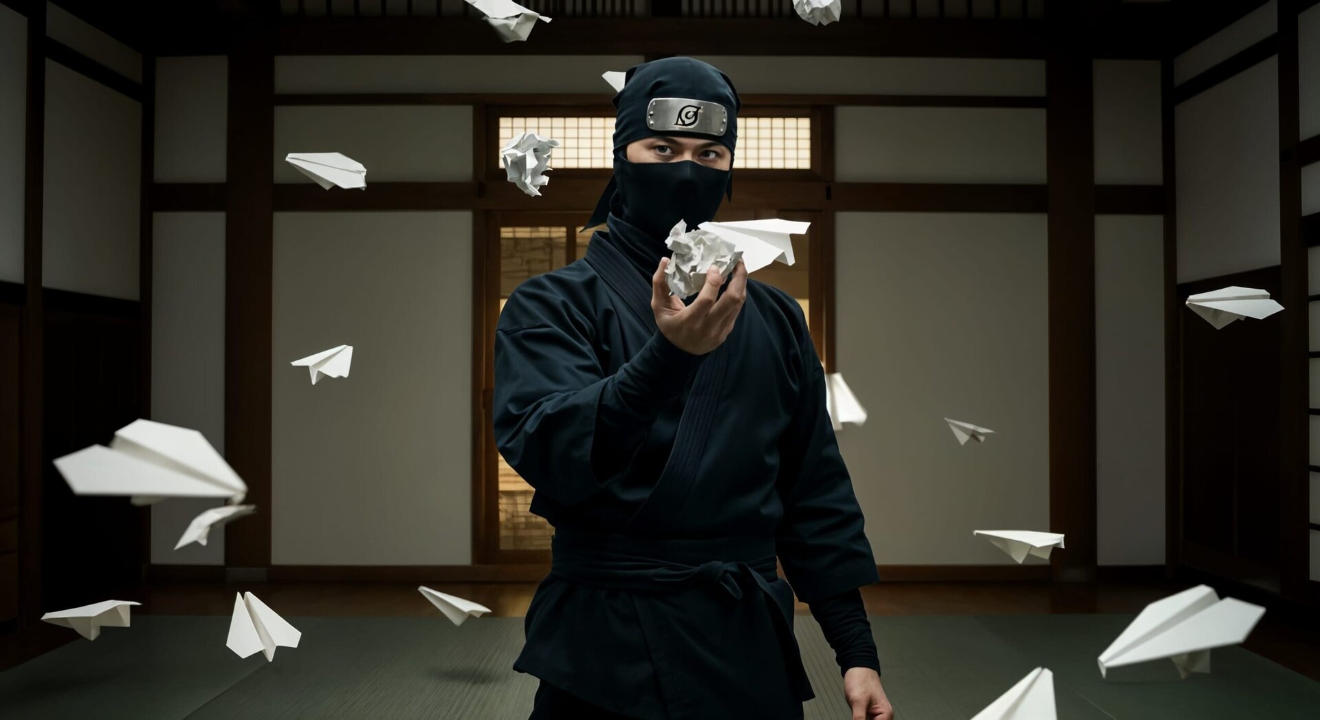 Ninja surrounded by flying paper planes indoors.