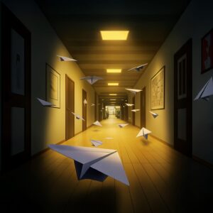 Paper airplanes float in dimly lit hallway.