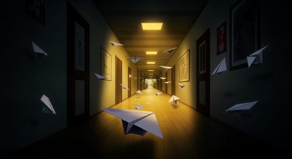 Paper airplanes float in dimly lit hallway.