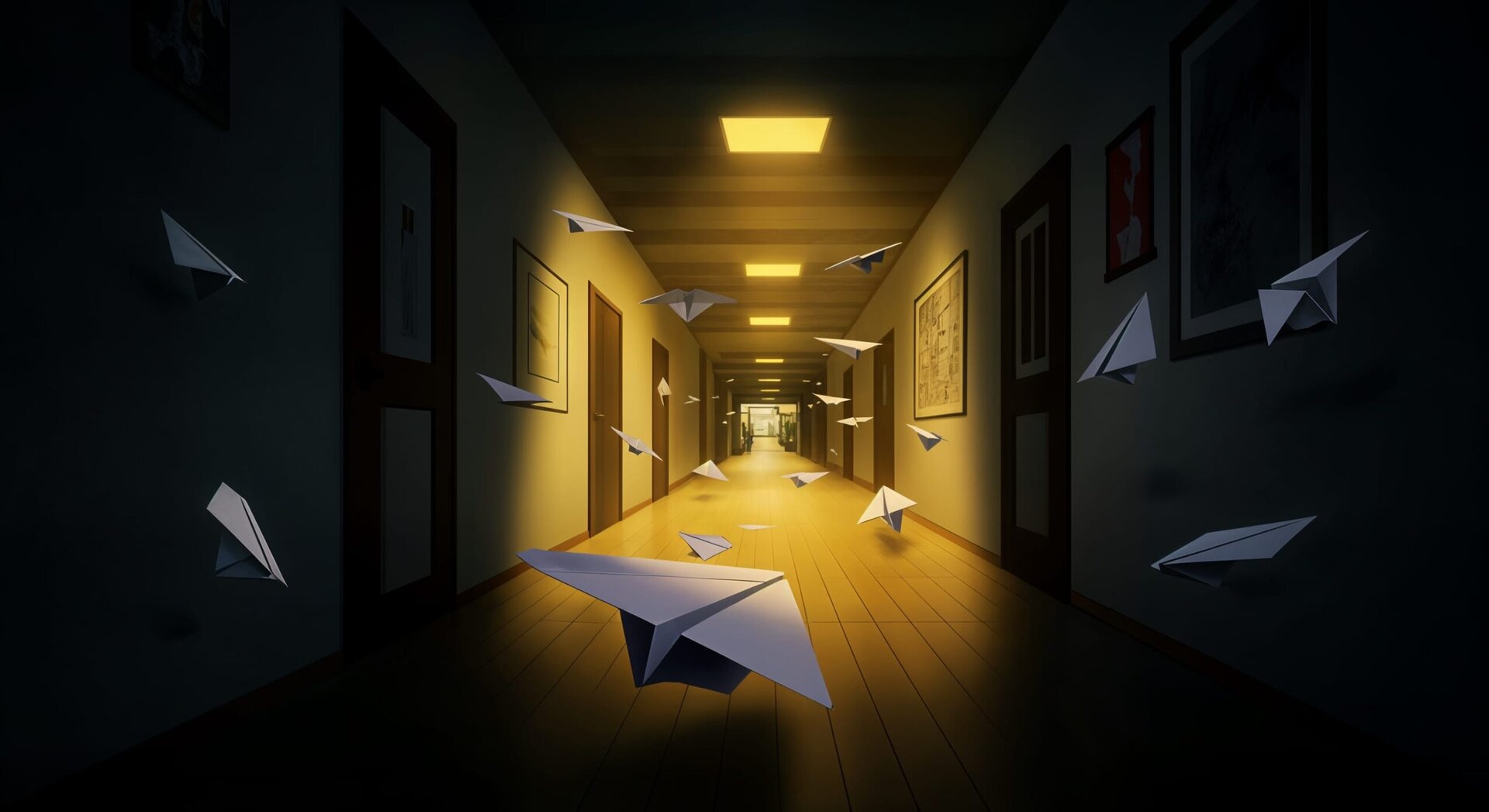 Paper airplanes float in dimly lit hallway.