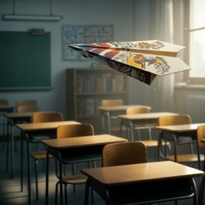 Paper airplane flying in empty classroom