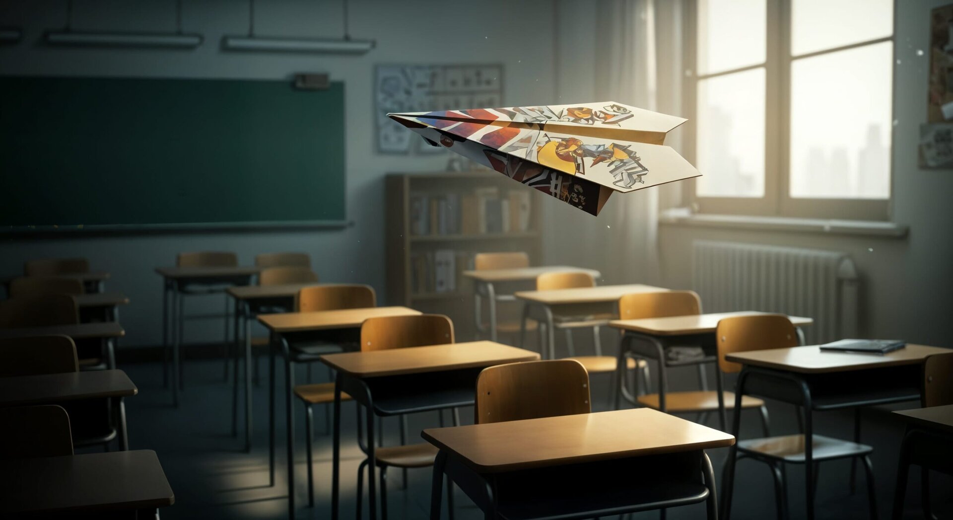 Paper airplane flying in empty classroom
